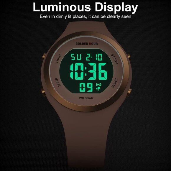 Women Pink Silicone Digital Sports Gold Bezel Water-Resistant Alarm Stopwatch main image 4